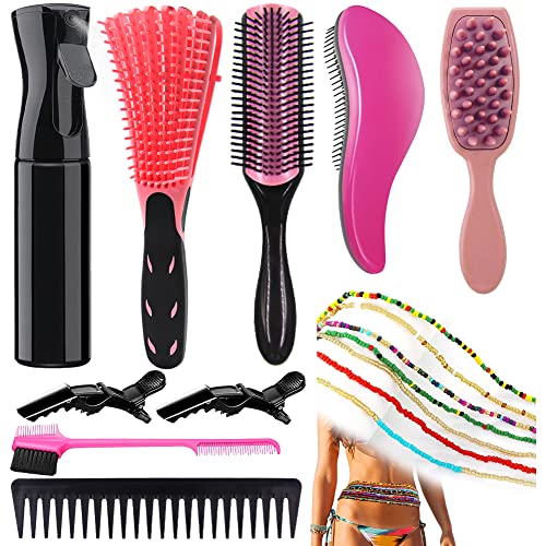 9Pcs Detangling Brush Set for Black Natural Hair, Curly Hair Brush for Afro America/African Hair 3a to 4c Texture, Detangling Brush Easier and Faster Detangling on Wash Days with African Waist Beads