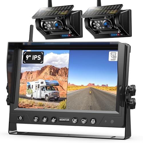 Image of ZEROXCLUB 2 Magnetic Solar Wireless Backup Camera HD 1080P 9 inch DVR Monitor, Solar Rechargeable RV Backup Cameras Wireless System for Hitching Gooseneck Horse Trailer Fifth Wheels RVs Trucks BL902