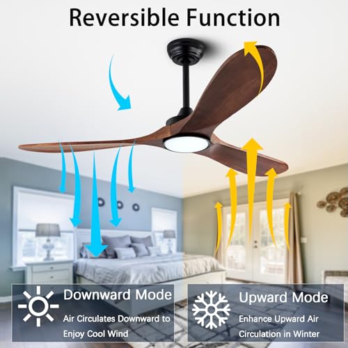 Image of QUTWOB 52 inch 3-Blade Wood Ceiling Fan with Light & Remote, Indoor Outdoor | solid wood blades, quiet dc inverter motor, 6-speed reversible remote, 3-color led light, for indoor outdoor patio garage