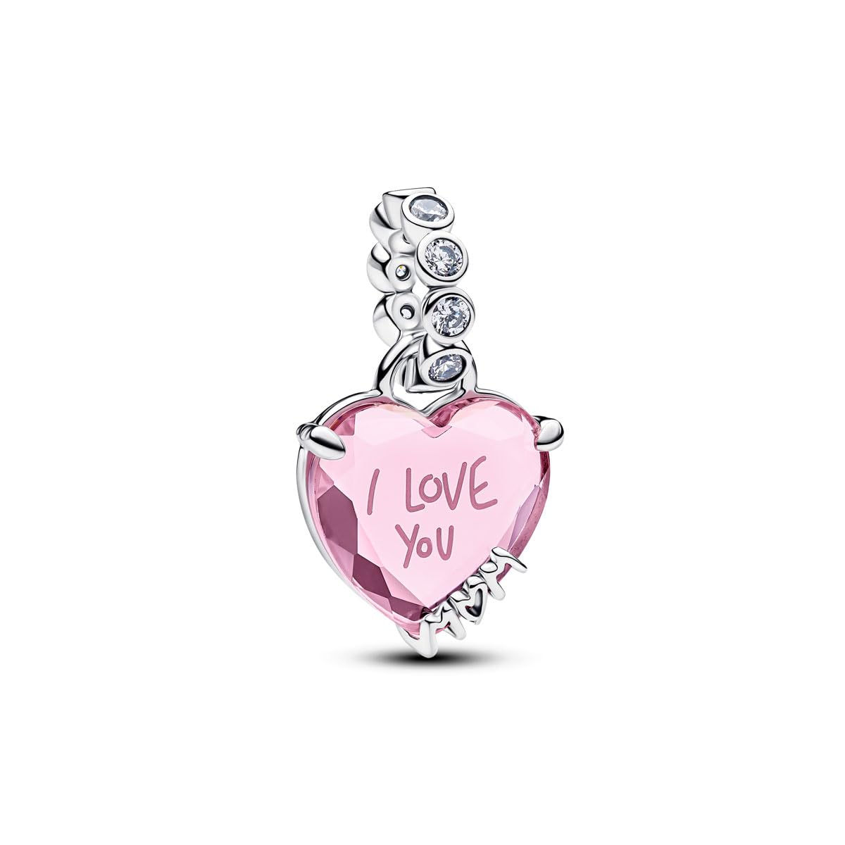 PANDORA Charm ciondolo cuore "​Ich liebe dich Mama" in argento 925 con zircone rosa, incisione MOM e Ich liebe dich, compatibile con Moments ME, 794464C01