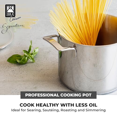 Image of BRA COOKWARE Signature Stainless Steel Stock Pot w /Glass Lid | 9.5 Inch 9 Quart Professional Grade Cooking Pot | PFOA Free Deep Pot | All Cooktops | All Cooktops (incl. Induction) & Oven Safe