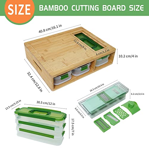 Bamboo Cutting Board With Containers, Lids, Graters, Extra Large Kitchen Cutting Board Set With Stackable Trays For Meal Prep & Storage, Chopping Board With Juice Groove, Easy-Grip Hollow Handle #TOP4