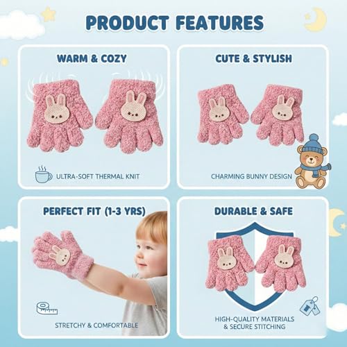Image of Kraptick Kids Winter Gloves - Ultra-Soft Thick Knit Fuzzy Warm Mittens for Boys & Girls Cute Bear Patch Thermal Hand Warmers for Toddlers & Children -1