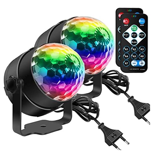 Luces Discoteca, SEBRUANC Mini bola discoteca giratoria LED 3W RGB, Rotación de 360° Activada por Sonido Luces de Fiesta de Bola de Discoteca con Control Remoto for home, birthday, KTV, Christmas 2pc