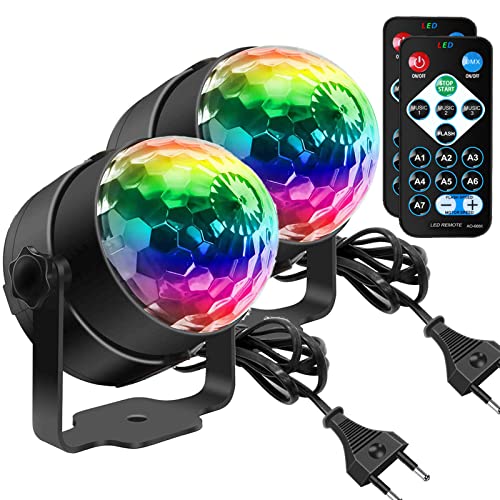 Luces Discoteca, SEBRUANC Mini bola discoteca giratoria LED 3W RGB, Rotación de 360° Activada por Sonido Luces de Fiesta de Bola de Discoteca con Control Remoto for home, birthday, KTV, Christmas 2pc