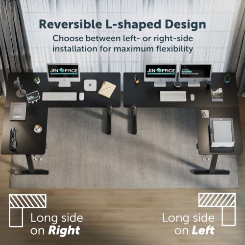 Image of JIN OFFICE Atlas L-Shaped Electric Height Adjustable Desk |Reversible Design L-Shape Adjustable Table | 3 Year Warranty,100 KG Wt. Cap, Memory Presets, Cup Holder|Home Office Sit Stand Desk Black