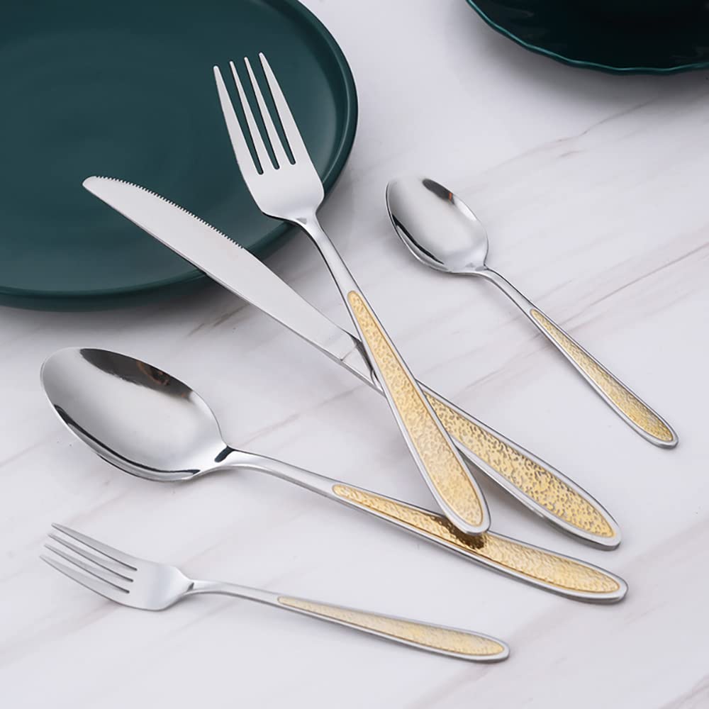 Juego de 30 piezas con estampado en relieve Juego de cubiertos de cocina vajilla de acero inoxidable cuchillo y tenedor cuchara comercial bistec café occidental vajilla (dorado)