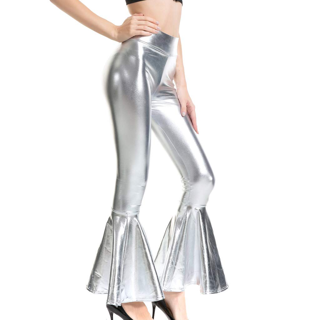 Flare Leggings Shiny Metallic Faux Leather Women High Waisted Ruffled Bell Bottom Trousers Iridescent Disco Pants for Festival Performance Party Wear Clubbing Rave Outfits