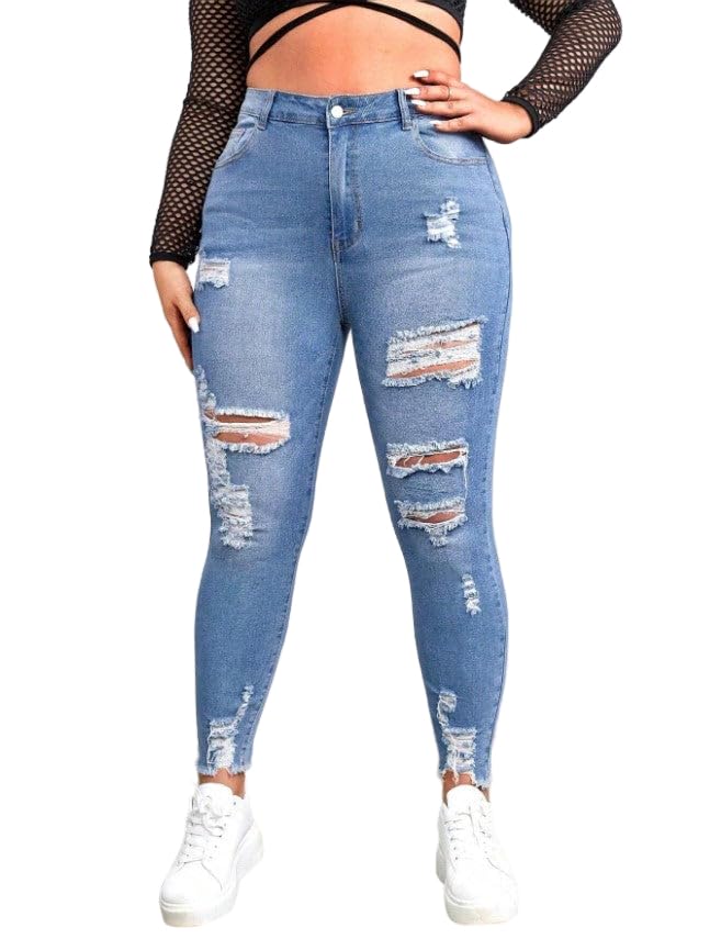 Plus Size Distressed Skinny Jeans for Women – Stretch Denim, Front Button Closure, Multi-Pocket Design, and Frayed Hem