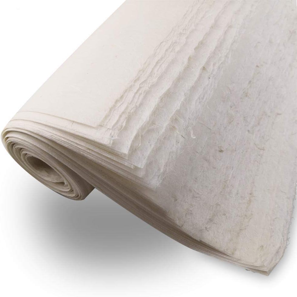 QJiang Featured Handmade Rice Paper Half Ripe Xuan Paper Yunlong Paper Mulberry Paper White with Long Plant Fibre for Ink Brush Artworks Kanji Writing Watercolor Painting Practice