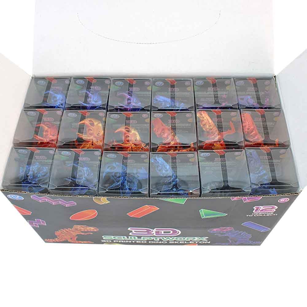 BEMIRO 3D Sculptworx 3D-Gedruckte Dino-Skelett Figuren, 36er Display, 12 Verschiedene Motive, ca. 11 cm, bewegliche Gelenke