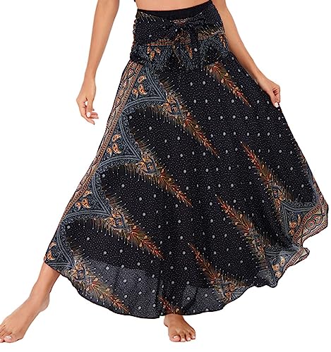 Adigaber Lang Gedruckter Rock Damen Chiffon Bohemien Einheitsgröße Maxirock Verstellbares Riemen Kleid Urlaub Sommerrock Strandkleider