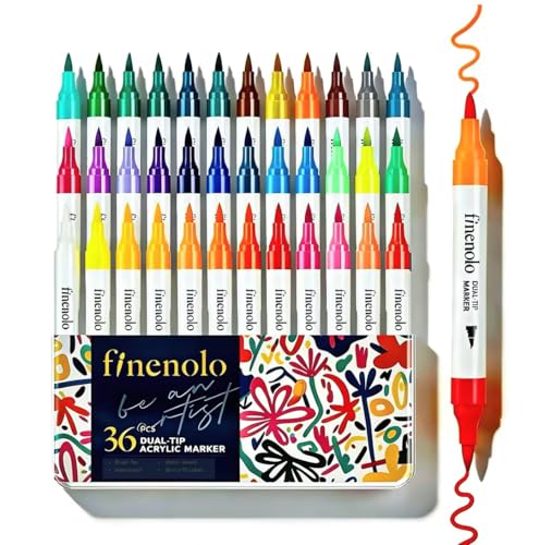 finenolo 72 Colors Acrylic Paint Markers 36 Dual Brush Tip Art Markers Water Based Acrylic Pens for Rock Wood Fabric Glass Stone Painting and DIY Crafts Vibrant Non-Toxic Blendable