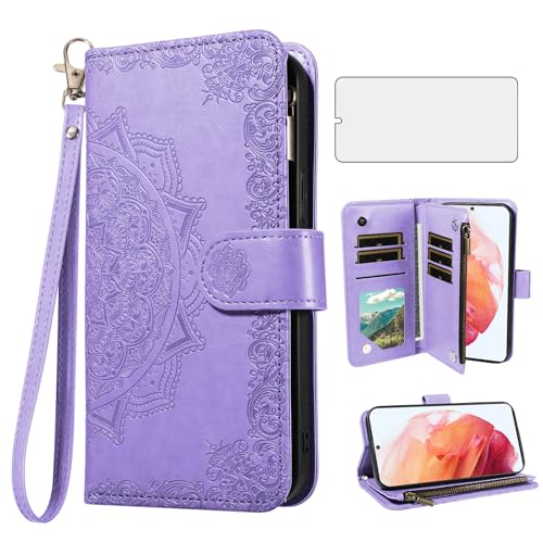Coque Samsung S21 5G Asuwish violette avec porte-carte et verre trempé