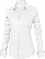 Camisa social feminina de ajuste clássico, manga comprida, com botões, sem rugas, elástica, lisa, casual, trabalho, escritório