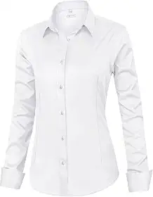 Camisa social feminina de ajuste clássico, manga comprida, com botões, sem rugas, elástica, lisa, casual, trabalho, escritório