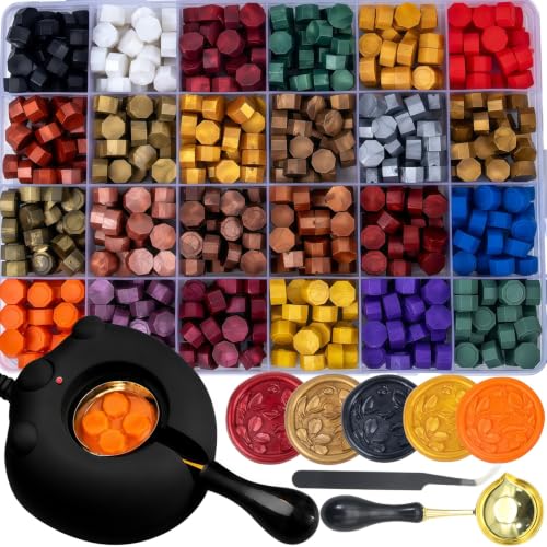 Electric Wax Seal Warmer Black Seal Stamp Beads Kit with 624Pcs Sealing Wax Beads in 24 Colors Melt Spoon for Letter Sealing Wedding Invitation & DIY Craft