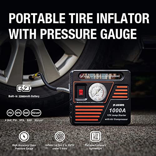 Jf.egwo Portable Car Jump Starter With Air Compressor, 1000 Amp Lithium Car Jump Starter For Up To 8.5L Gas Or 8.0L Diesel Engine, 150 Psi Tire Inflator Pump, Usb Charging Ports And 2 Led Light #TOP3