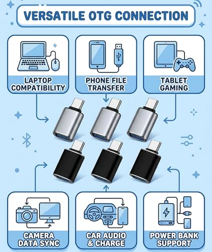 Image of 6PCS OTG Connector Type C, 6-Pack Multiport Adapter, 3 Black and 3 Silver, Fast Data Transfer for Mobile Gaming and Office Setup, Type-C to USB Converter for Multiple Devices