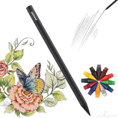 everpen Forever Pencil Metal Alloy Writing Instrument With 12 Colored Refill Tips No Sharpening Required Pencils for Drawing Sketching and Writing Bonus Gift Storage Box (Black No Gift Box)