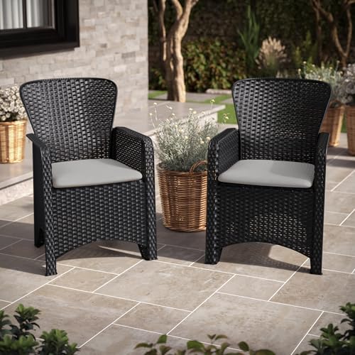 URBNLIVING 2-Piece Black Rattan Wicker Style Armchairs Set - Outdoor Bistro Chairs Seating Furniture...
