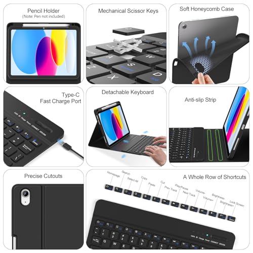 Image of COO Keyboard Case for iPad 11th A16 /10th Gen | Detachable Bluetooth Keyboard, Pencil Holder, Auto Wake /Sleep, 3 Angles, Shockproof PU TPU Cover, Black