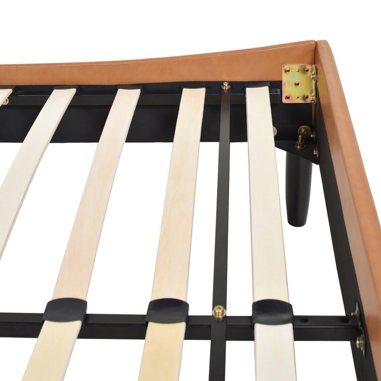 Image of HITHOS Solid Wood Modern Upholstered Queen Size Bed with Wingback Headboard | Wooden Double Bed Cot Palang Without Storage (Caramel Tan Brown) 1 Year Warranty