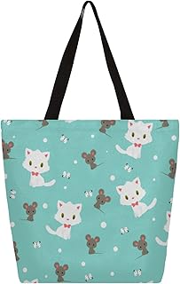 Sacola de lona para mulheres, animais fofos, gatos, sacolas grandes para homens com bolsos, sacolas de compras resistentes, sacolas de compras reutilizáveis, bolsa de ombro casual para escola, trabalho, praia, Multicor