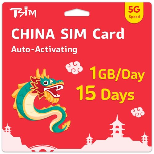 TSIM Tarjeta SIM China de 15 días | Velocidad 5G de 1 GB/día | Activación automática | Compartir punto de acceso permitido | Compatible con Google, Facebook, Whats App y más. Solo datos sin voz.