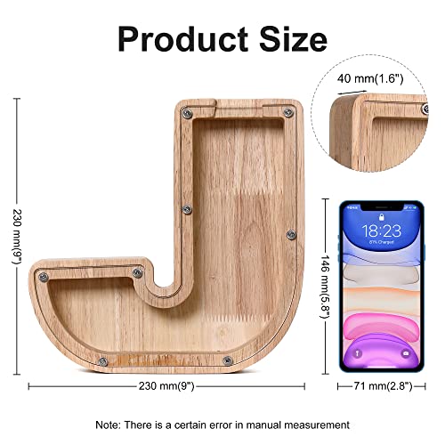 Image of CDUHB Personalized Wooden Letter Piggy Bank Alphabet Letter Decorative Sign Coin Bank Perfect Decor,Unique Gift, Keepsake, or Savings Money Box for Kids with Sticker for DIY (J)