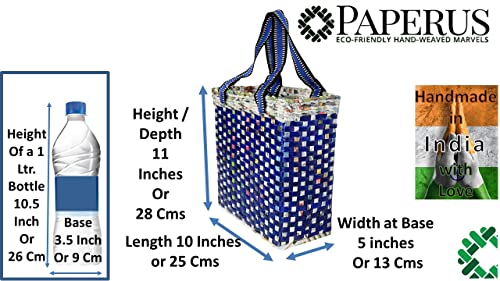 Image of Paperus Re-usable Small Blue Check Tote, Carry Bag, Shopping Bag, Handbag, Tiffin Basket, Lunch Bag, Eco-friendly Handmade of Paper Ropes 11 In Tall 10 In Length 5 In Wide Base