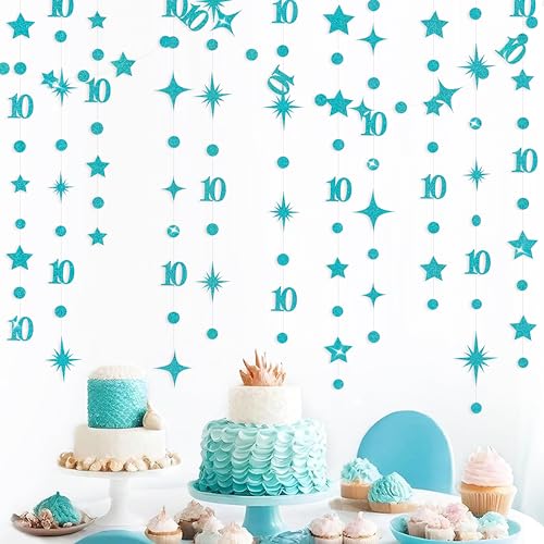 Image of Teal Blue 10th Birthday Decorations Number 10 Circle Dot Star Garland Glitter Streamer Banner Backdrop for Girls Boys Double Digits Cheers to 10 Years Old Birthday 10th Anniversary Party Supplies