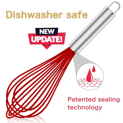 Image of OYV Silicone Rubber Whisk,Premium Whisks For Cooking Non Scratch,Stainless Steel & Silicone Wisk For Nonstick Cookware Pans, High Heat Resistant kitchen Whisks set of 3,Red