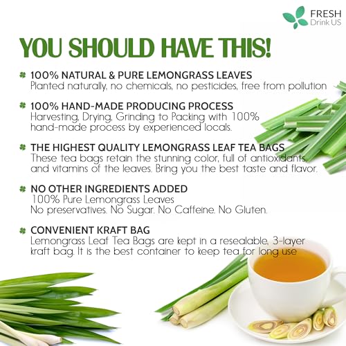 Image of FRESHDRINKUS Lemongrass Leaf Tea Bags, 30 Count, 100% Natural & Pure, No Sugar, No Caffeine, No Gluten, Vegan, Herbal Tea