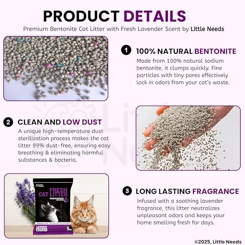 Image of Premium Bentonite Cat Litter Sand - 5Kg with Lavender Fragrance for Cats and Kittens | Clean Low-dust Strong Deodorant Litter Tray Refill with Odour Controlling and Instant Clumping