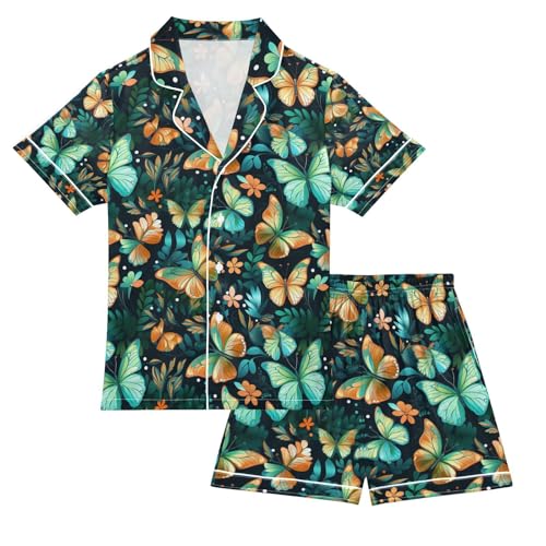 senya Green Butterflies Satin Summer Pajama Sets Silk Short Sleeve Button Down Sleepwear