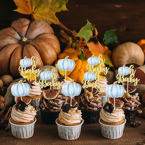 Gyufise ZN0640-2-BL 24Pcs Pumpkin Oh Baby Cupcake Toppers Blue Fall Pumpkin Cupcake Picks Baby Shower Cake Decorations Pumpkin Themed Baby Shower Birthday Thanksgiving Halloween Party Cake Decorations Supplies thumb #5