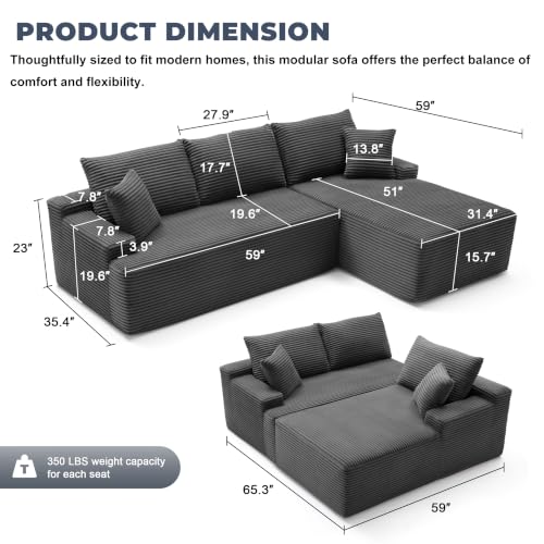 Image of Mangodan Cloud Sectional Sofa, Boneless Couch for Living Room, Modular Sectional Sofa with Deep Seat, Fluffy L-Shaped Comfy Couch with Right-Facing Chaise, No Assembly Required, Grey