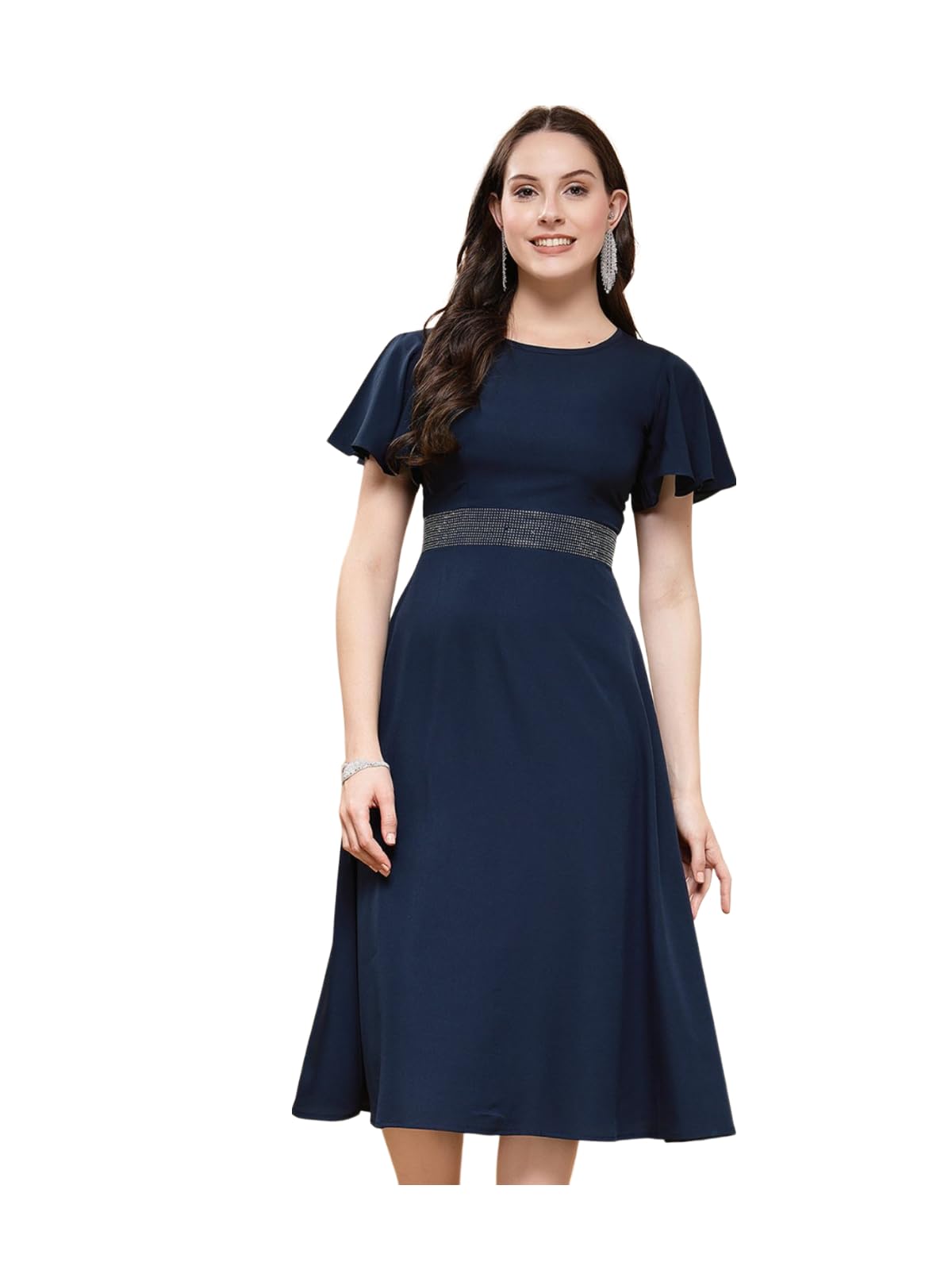 Selvia Women's Western Dress | Stone Work Flutter Sleeve Crepe Western Dress For Women | Round Neck A-Line Dress For Women | One Piece Dress For Women (665Dtk685N-S_Dark Blue)