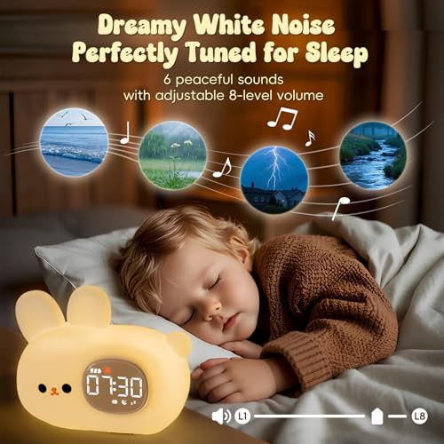 Image of Bunny Alarm Clock with Night Light for Kids with Sleep Training and Sound Machine, Rechargeable Silicone Lamp OK to Wake Clock,Cute Animal Tabletop Lamp, Perfect Sleep Companion for Boys Girls
