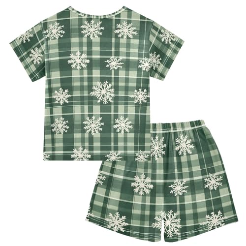ALAZA Green Snowflake Plaid Christmas Pajamas Set Short Sleeve Cotton Sleepwear Summer Pjs 2 Piece 5-14Y2