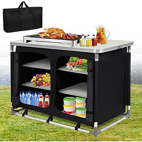 LZQ Campingküche Faltbar Campingschrank Klappbar Camping Küche mit Aluminiumgestell inkl. Tragetasche, Tragbar Campingküche Schrank Zeltschrank für Camping Reisen Garten Balkon Party (Type C) Cover