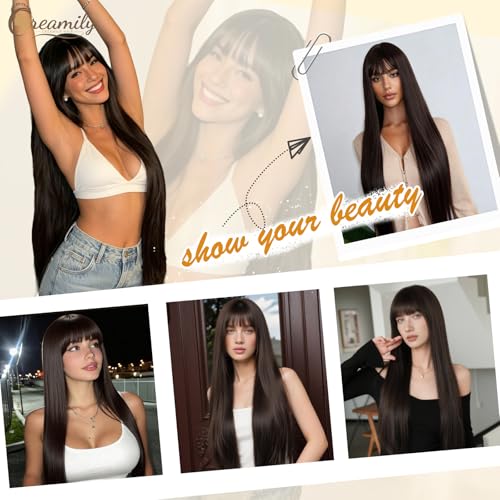 Image of Creamily Long Straight Brown Wig For Women Glueless Synthetic Wig with Bangs 40 Inches,Natural Looking Hair Wig For Woman For Cosplay Daily Wear
