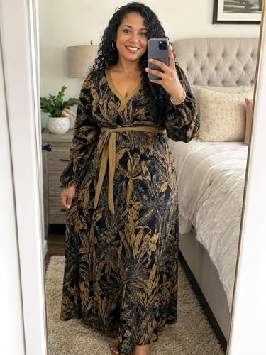 Image of PinkPatty Women's Long Sleeve Maxi Dress Plus Size Casual V Neck Wrap Dress with Pockets&Belt