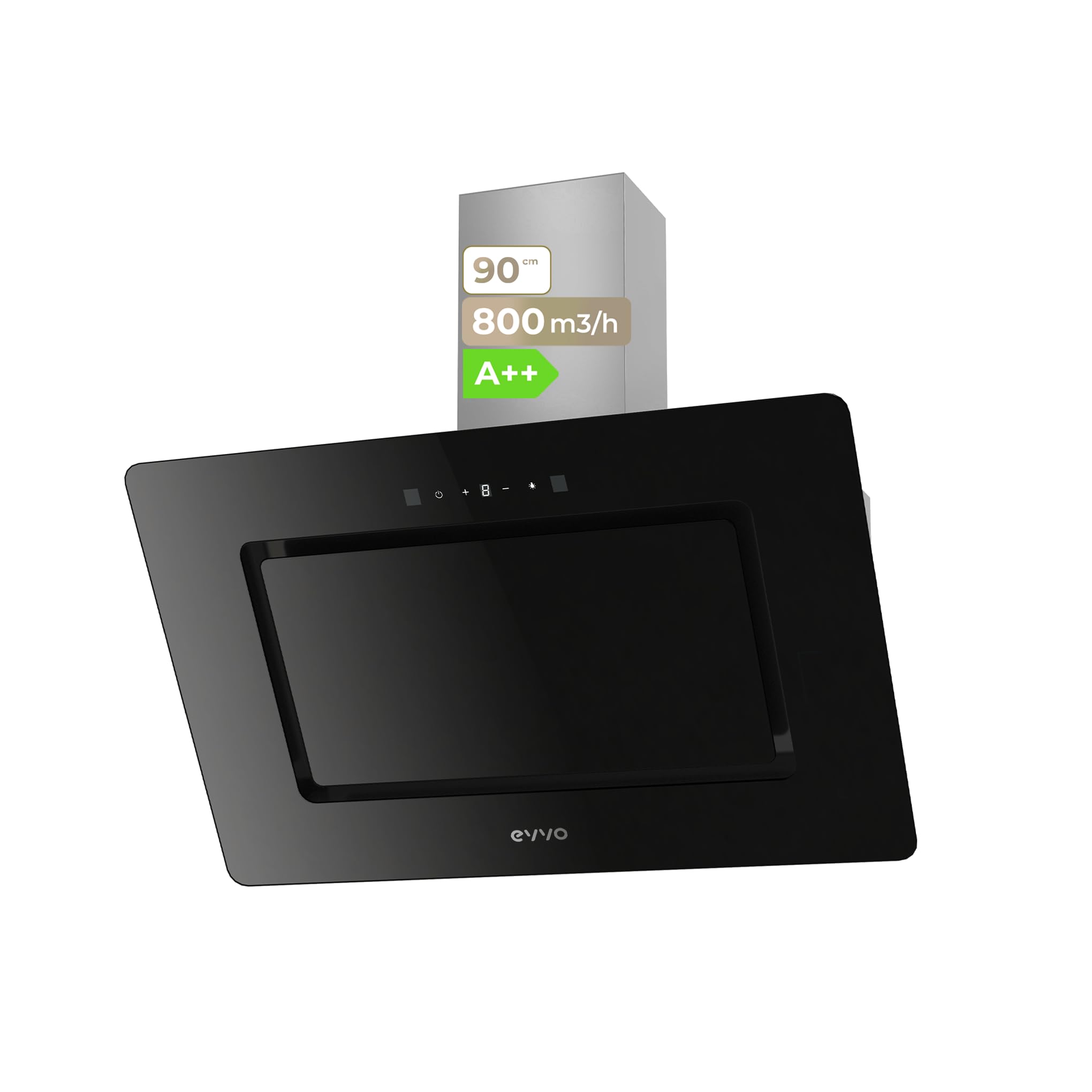 EVVO Campana Extractora 90 cm Ancho Decorativa, Potencia 800 m³/h, Filtro Aluminio y Carbón Activo, Control Táctil y Gestual, Acabado Negro Cristal, Eficiencia Energética A++ CE48 Cristal Black