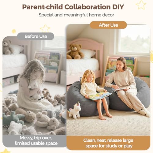 Image of Stuffed Animal Storage Bean Bag Chair Cover for Kids (No Filler), Soft Comfy Velvet Beanbag Chair Cover Machine Washable, Kids Bean Bag Chair with Handle for Living Room Bedroom Dorm,Dark Gray