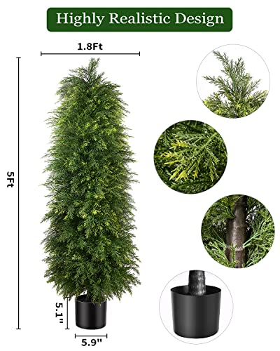 Image of 2 Pack 5ft Artificial Cedar Topiary Trees, Outdoor Artificial Plants for Front Porch Decor, Artificial Shrubs Fake Plants Uv Rated Potted Plants for Outdoor, Indoor, Front Door, Office