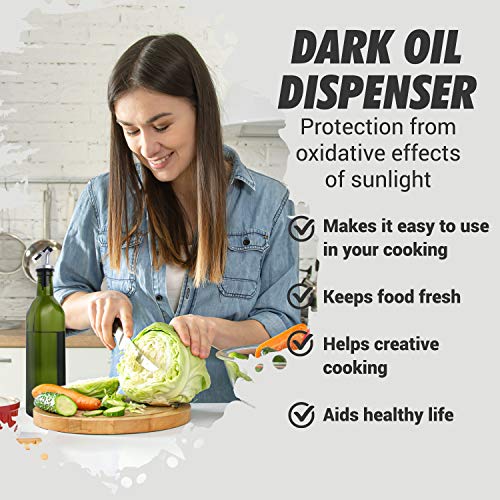 Glass Olive Oil Dispenser Bottle - [500 ml / 17 fl. oz.] Dark Green Oil and Vinegar Cruet with Pourers, Funnel and Spout Set - Olive Oil Carafe Decanter for Kitchen - Thumbnail 4