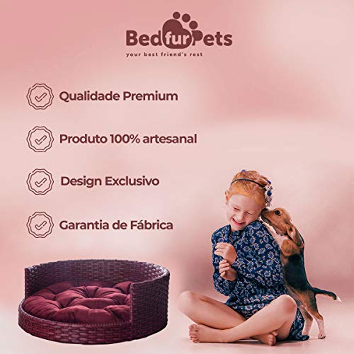 Cama Cachorro/Gato Médio Fibra Sintética Redonda 65x65Cm Artesanal Throne Veludo Vinho - BedFurPets