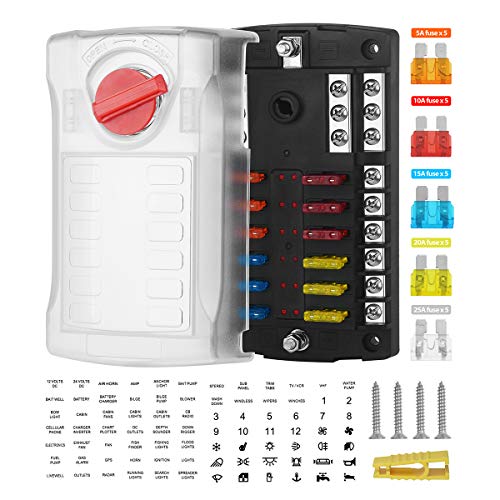 Jtron 12-Way Boat Fuse Block, Waterproof Fuse Panel With Led Warning Indicator Damp-Proof Cover - With Negative Bus Fuse Box Holder For Car Marine Rv Truck Dc 12-32V, Fuses Included 5A 10A 15A 20A 25A #TOP1